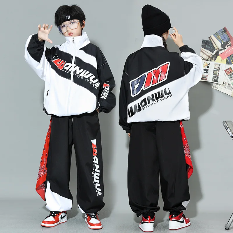 Kinder Hip Hop Hoher Kragen Kontrast Bomber Jacke Sport Hosen Jungen Street Dance Mantel Streetwear Mädchen Jazz Schuluniform