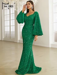 Missord Elegant Green Sequin Evening Dresses Women Sweetheart Neck Flare Sleeves Bodycon Mermaid Wedding Party Prom Dress Gown