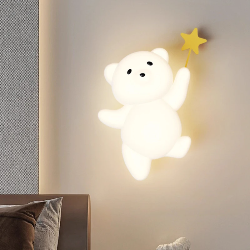 Happy White Bear Children's Room Wall Lamps Cute Rabbit Lamp Modern Warm Boy Girl bedroom Nursery Baby Room Bedside Wall Lights