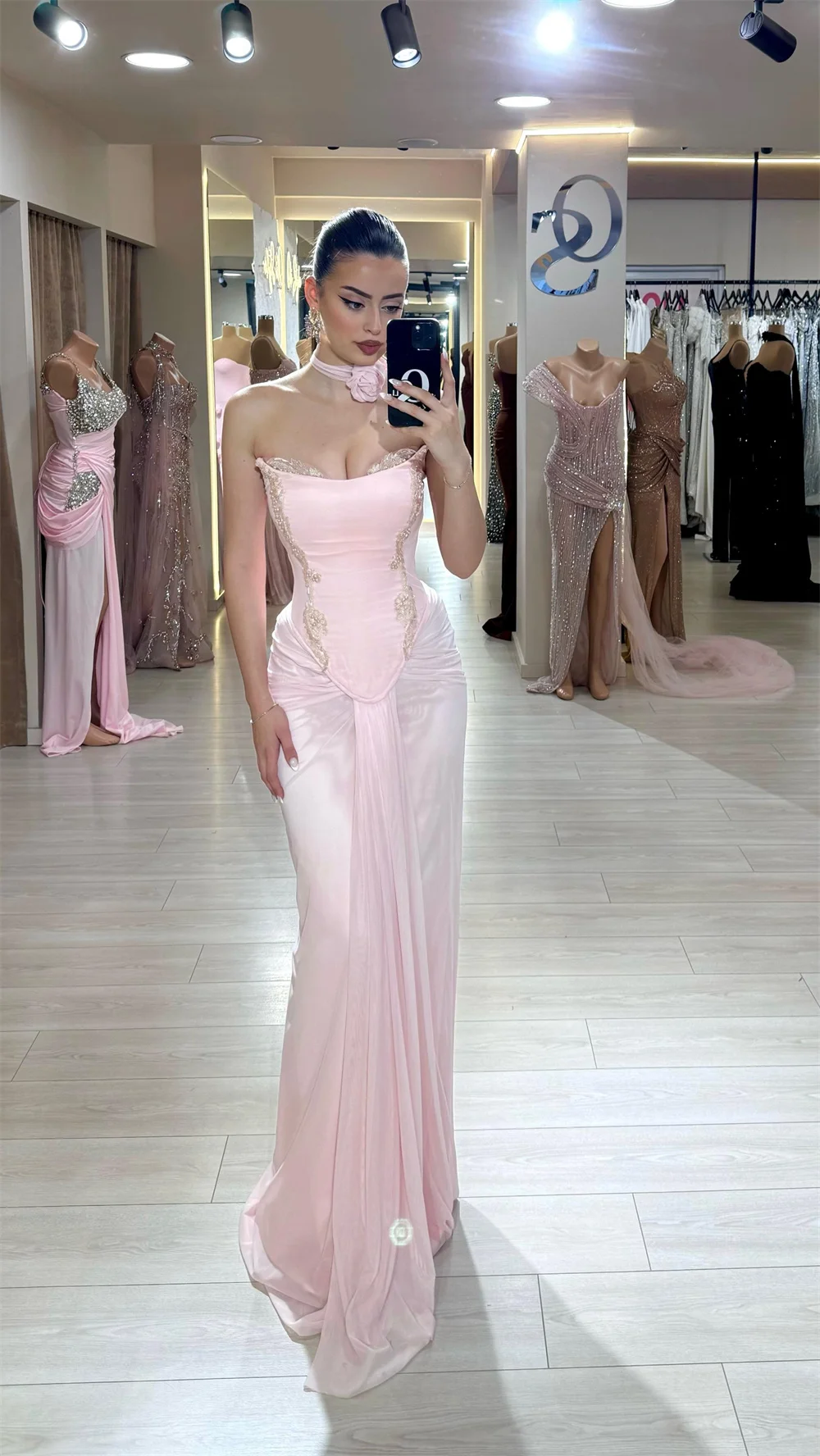 Amanda Customized Pink Strapless Embroidery Prom Dresses Sheath Sleeveless vestidos de noche Elegant Floor-Length Formal Evening