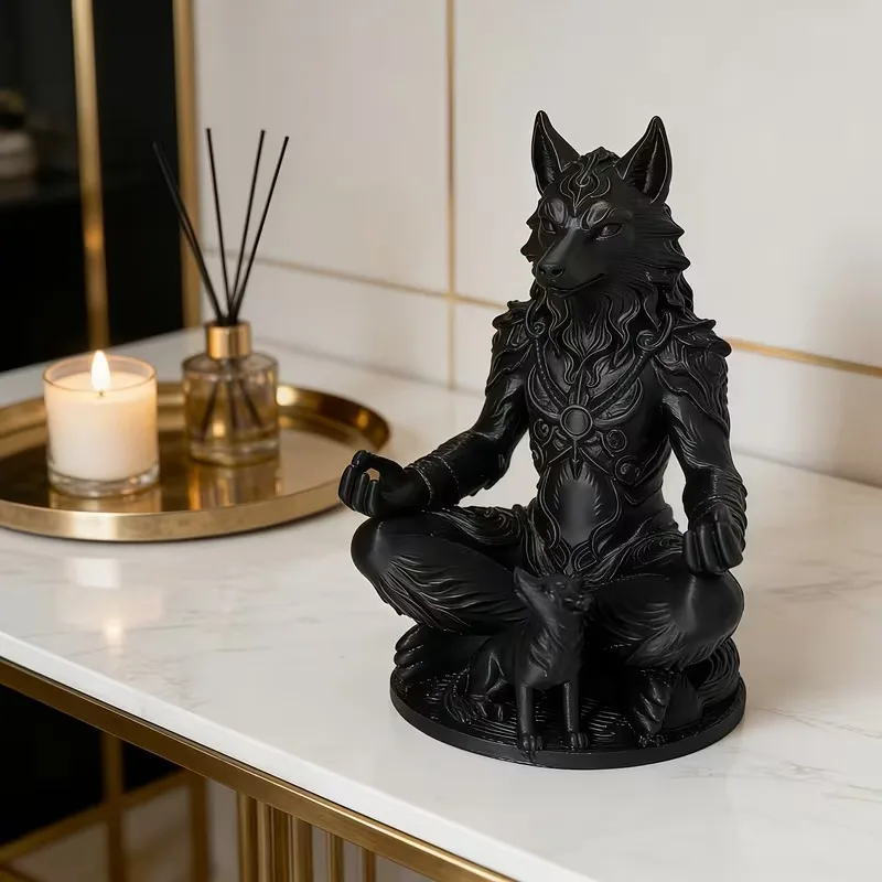 Matte Black Meditating Wolf Man Resin Figurine Lotus Pose Mystical Beast Sculpture Vintage Gothic Desktop Statue Small Wolf