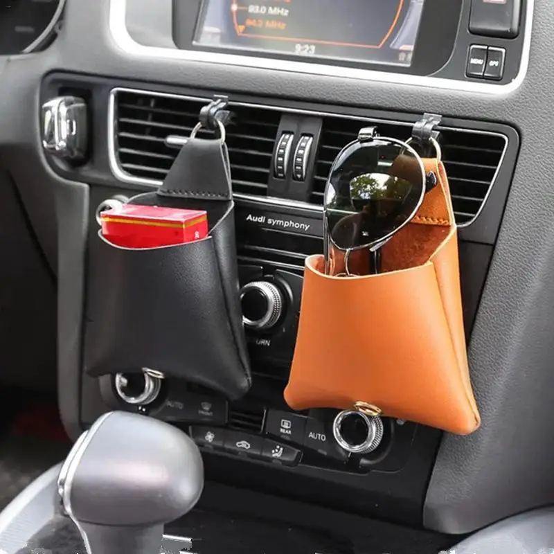 Car Air Vent Storage Bag Phone Storage Organizer PU Leather Auto Mobile Phone Holder Pouch Car Interior Phone Holder Hangable