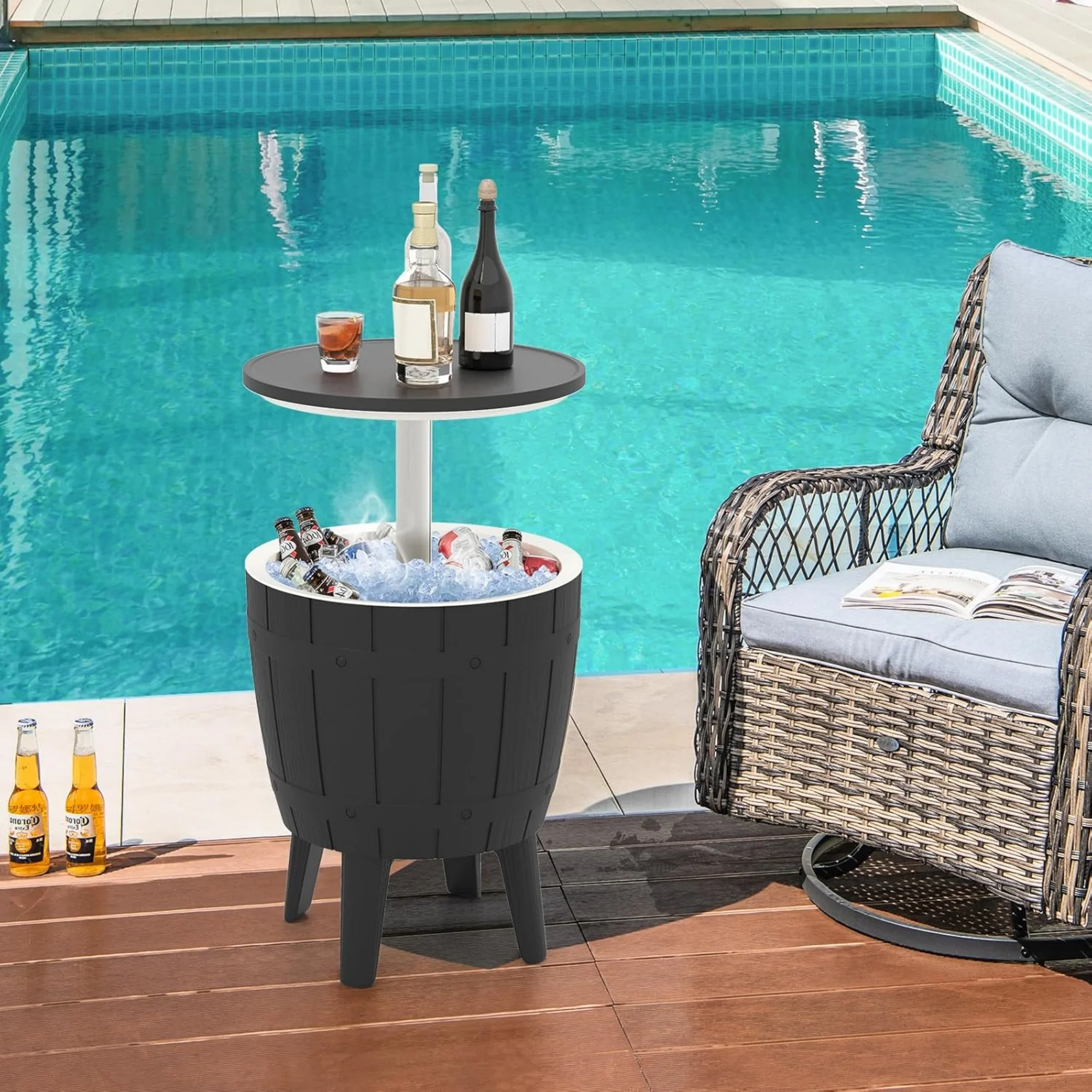 Outdoor Cooler Bar Table, 10 Gallon Cooler with Height Adjustable Tabletop, 3-in-1 Ice Bucket for Beer & Wine, All-Weather Cocktail Table for Backyard, Party, Poolside (Black)