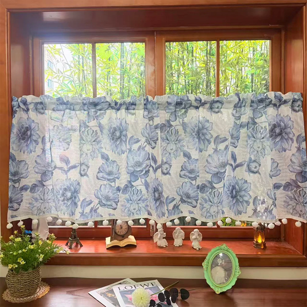Amerikanische Retro-Blumenmuster Leinen-Kleinvorhänge, Pompon-Quasten Halbtransparent, Leicht & Luftig für Balkon & Erkerfenster