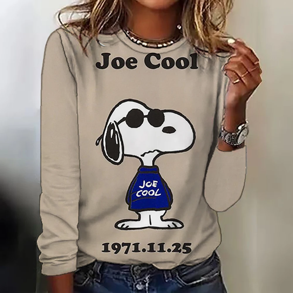 سنوبي مطبوعة خمر المرأة تي شيرت الخريف قميص قطني بكم طويل تي شيرت بلايز مصمم عادية فضفاض س الرقبة النساء الملابس