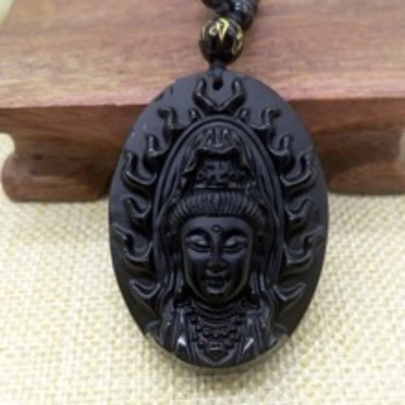 Obsidian Guanyin Pendant Men's Flame Guanyin Head Necklace