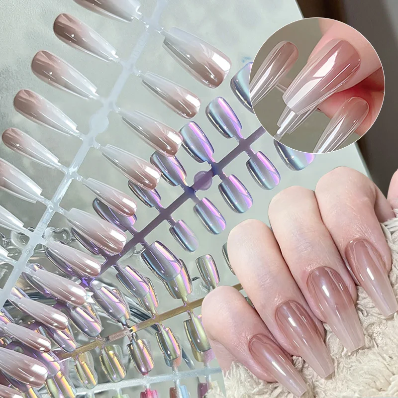 30 個ゼリーピンクプレス爪シンプルなオーロラミディアム棺偽爪フルカバー人工マニキュアウェアラブルネイルのヒントアート
