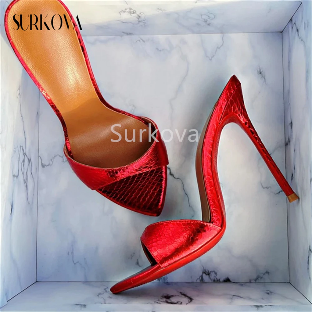 

Red Snake Pattern Peep Toe Fashion Sandals and Slippers Catwalk Stilettos Shoes 2023 Summer New Luxury Women's High Heels Shoes