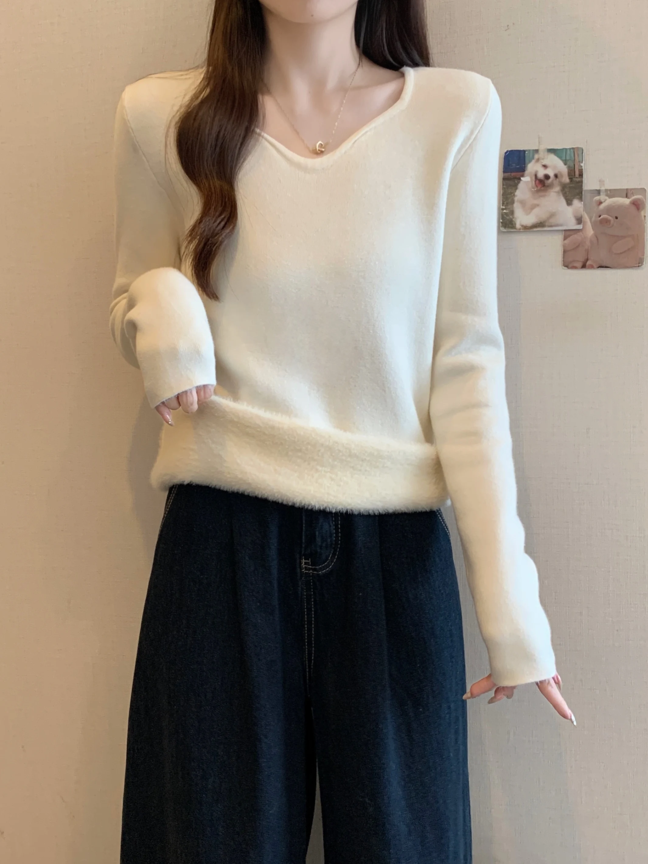 Damska dzianinowa bluzka plus size z podszewką z polaru, ocieplana, z długim rękawem, dekolt w serek, ciepła, z wysokim stanem, w stylu koreańskim, dopasowana.