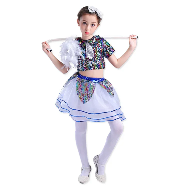 Sequin Jazz Dance Modern Girls Jazz Dancing Costumes Colorful Sequin tutu Dress Suit Girl Stage Perform Wear Garments for Boys