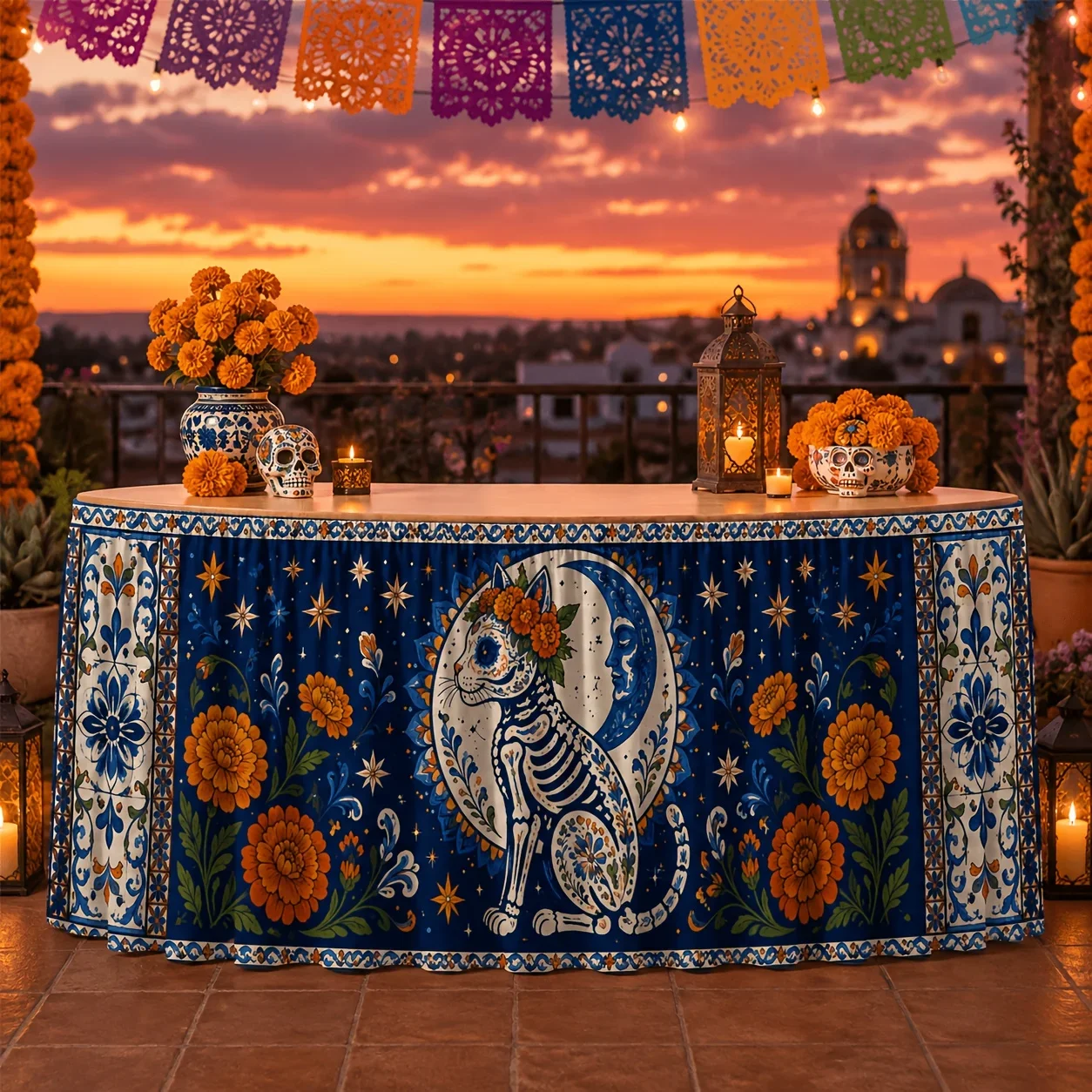 One tablecloth - Candy Skull Cat - Yellow Lily - Midnight Moon - Stars - Mexican Talavera tiles - Day of the Dead
