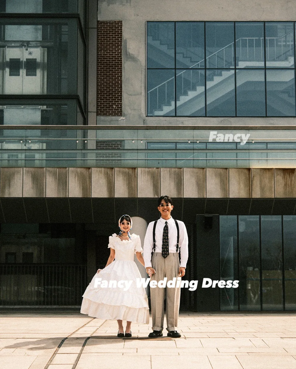 Fancy Cute A Line Wedding Dress Korea Photo Shoot Taffeta Square Neck Bridal Gown Tiered Ruffles Back Corset Customized