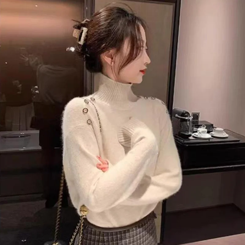 Women Clothing Soft Comfort Elegant Turtleneck Sweater Autumn Winter Loose Exquisite Button Apricot Tops Thick Warm Knitwear