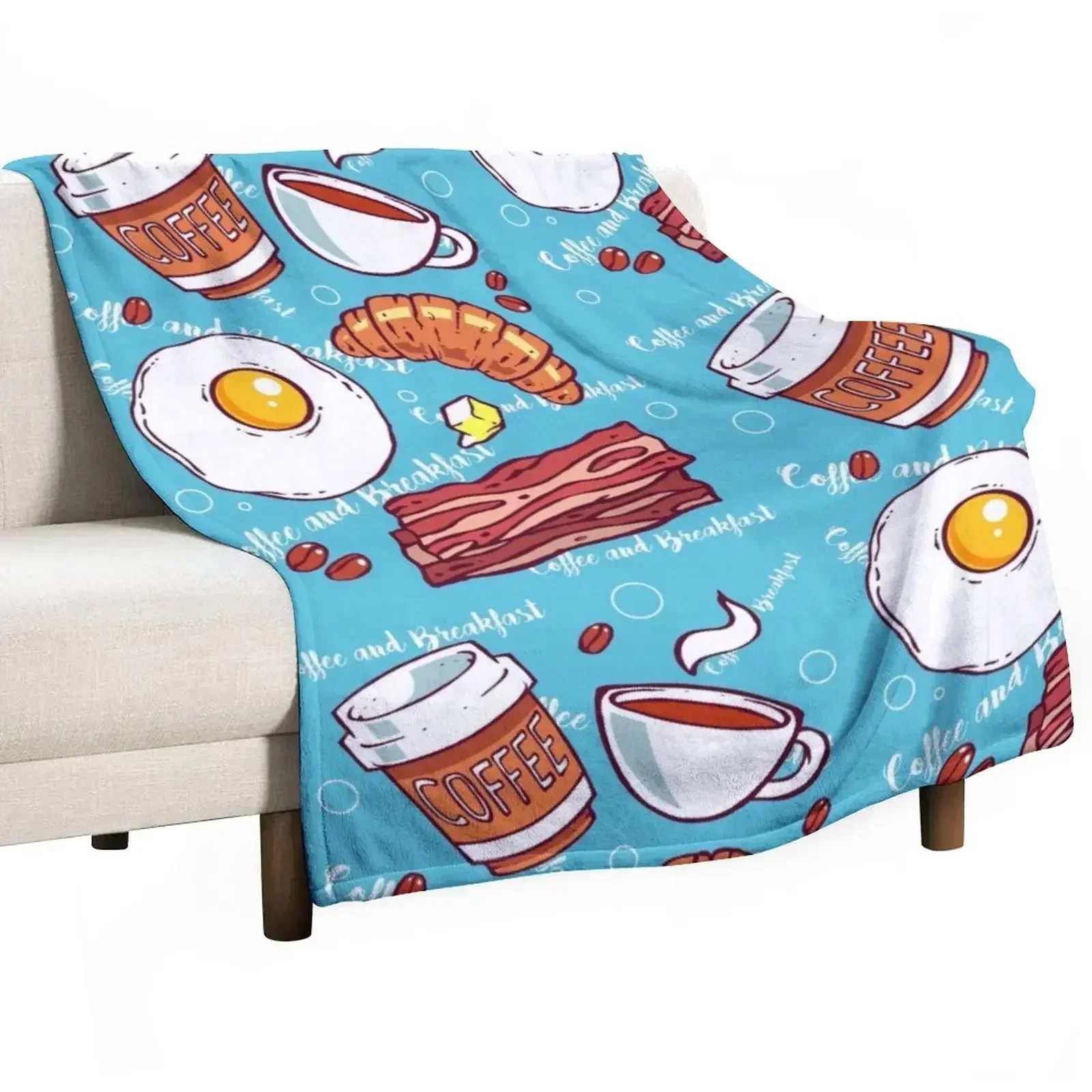 The perfect Coffee Breakfast with Bacon and Sunny side up Throw Blanket warm winter Luxury Designer Cute Plaid Polar Blankets