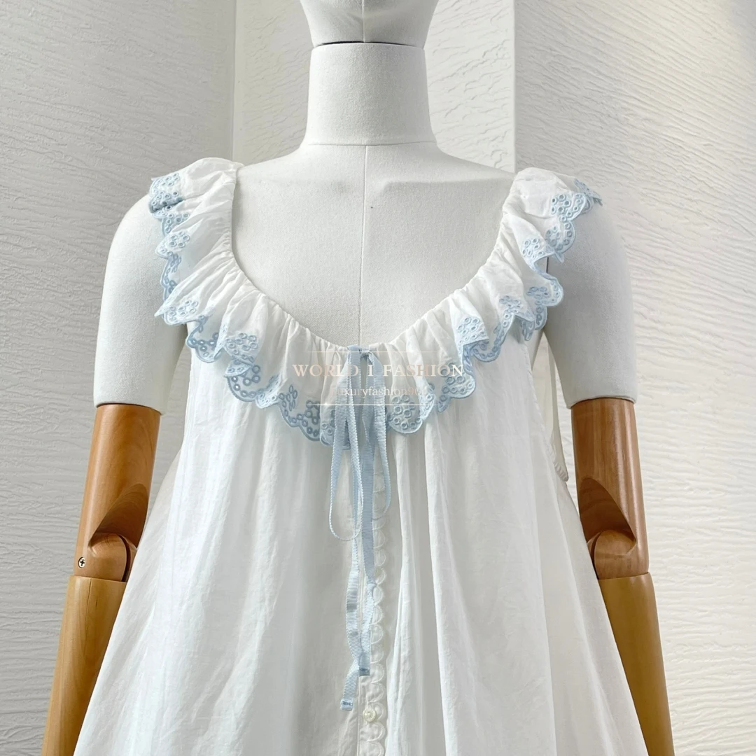2025 New White Embroidery Sleeveless Ruffles Frilled Mini Dress