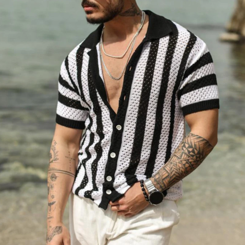 Knitted Shirts Mens Fashion Hollow Out Breathable Beach Cardigan Shirt Short Sleeve Mens Summer Button Lapel Casual Knit Shirts