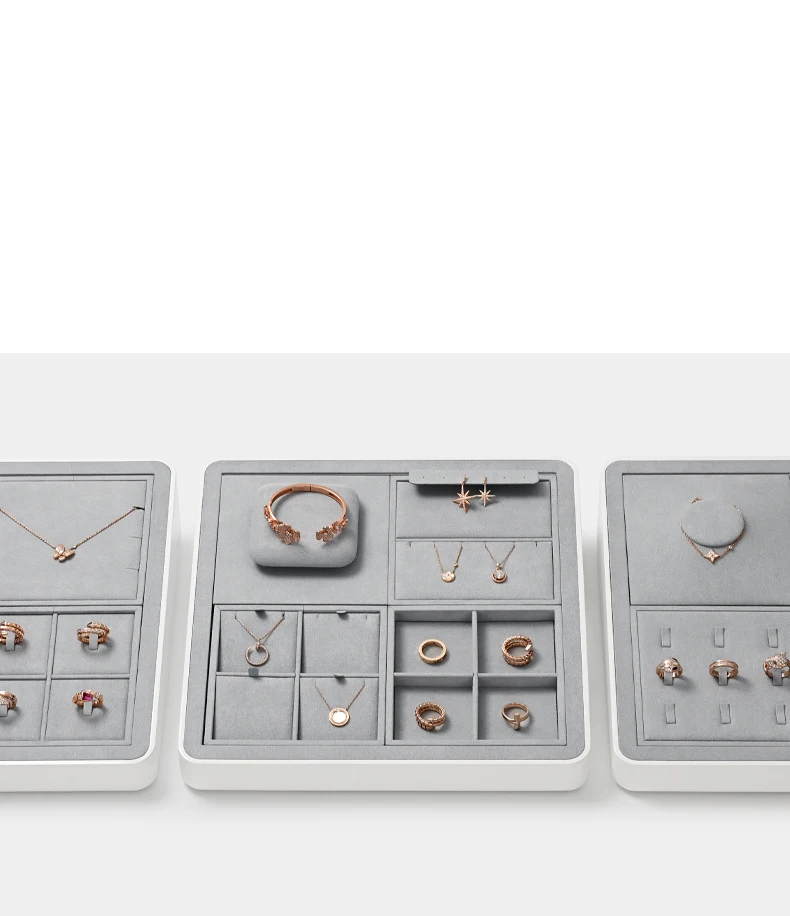 Oirlv Graues Schmuck-Display-Regal aus Mikrofaser, Schmuck-Organizer für Ringe, Ohrringe, Halsketten, Uhren, Aufbewahrungstablett, Ausstellungsstück für Juweliergeschäfte – Detail 2