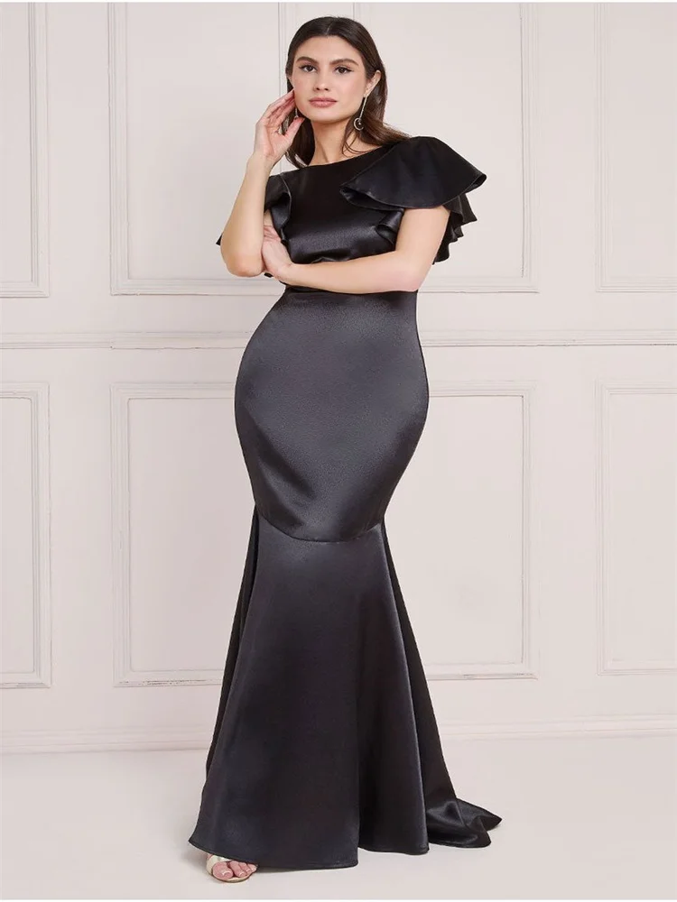 

Hot Selling Round Neckline Flutter Sleeves Straight Satin Evening Dress Back Zipper Floor Length Sweep Train Gown For Women 2024