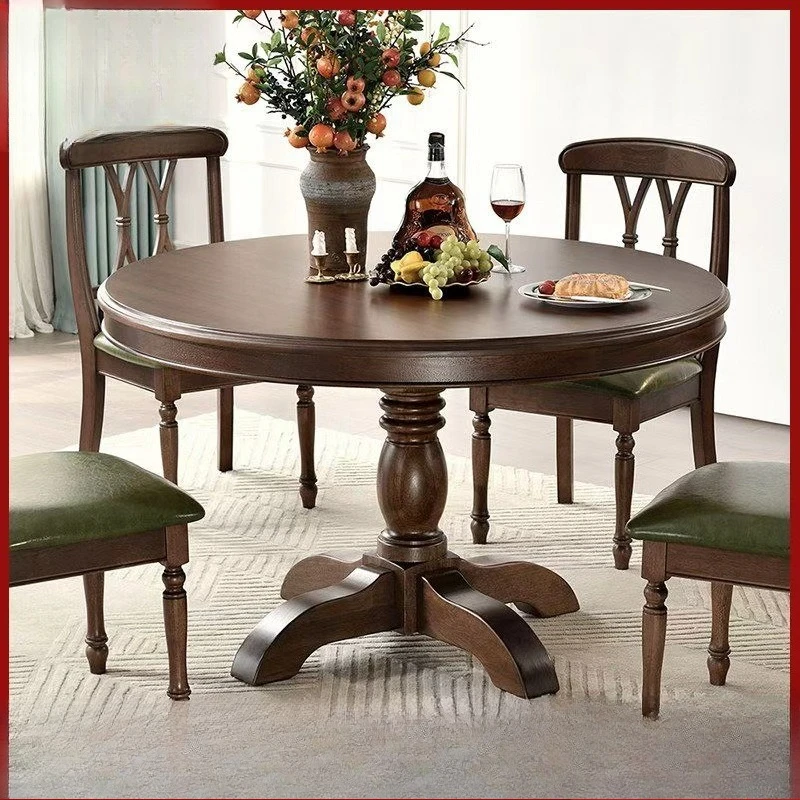 American-style dining table and chair combination: walnut solid wood round dining table, available from 1.2 meters to 1.6 meters