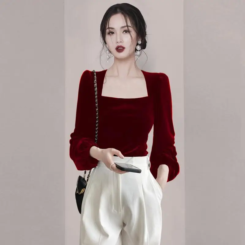 Women Solid T-shirt Autumn New Square Neck Jumpers Long-sleeved Gold Velvet T Shirt Ladies Bottoming Shirt Tops Tee Mujer Q198