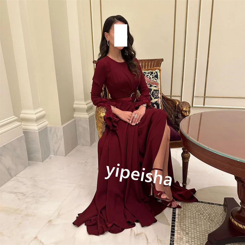 Vestido de noite com drapeado Sash Applique, A-Line, O-Neck, vestidos longos para ocasiões muçulmanas, Arábia Saudita