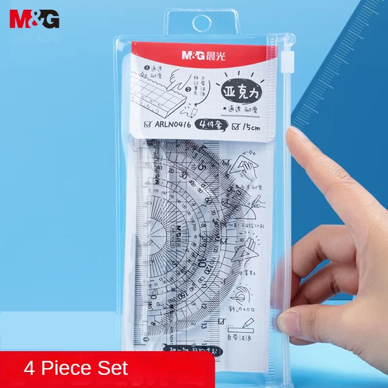 M&G 4 Pcs Ruler Set Student Exam Drawing Acrylic Set 15cm Ruler+Triangular Ruler*2+Protractor School Stationery Exam