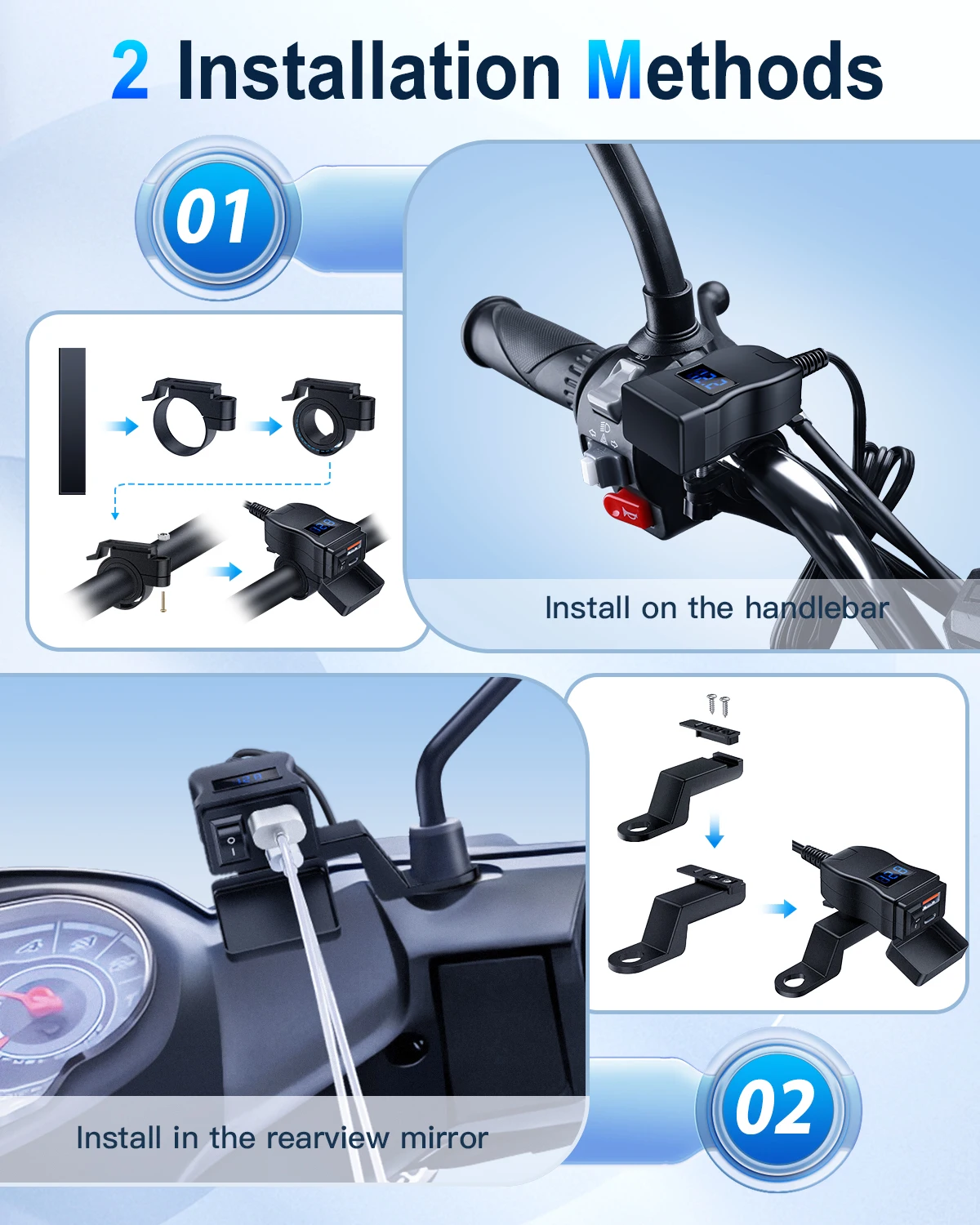 Extractme Motorcycle Charger Dual USB QC3.0 Fast Charger Power Adapter Socket with Switch Waterproof Digital Voltmeter