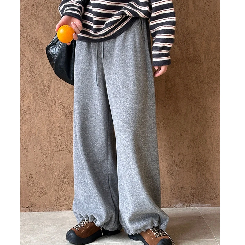 2024 Women Winter Thick Fleece Inner Pants High Waist Wide Leg Warm Pants Fashion Clothes Vintage Pants Female Trousers