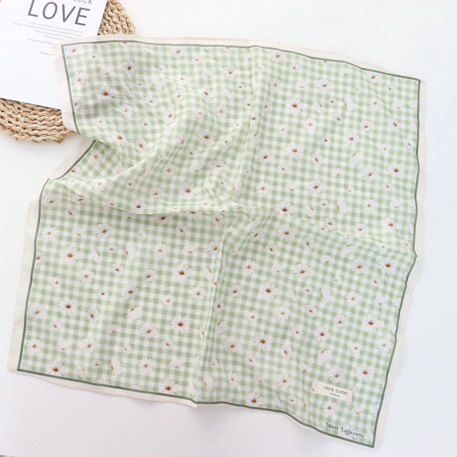 2025 Korean Style All-Matching Floral Square Scarf Cotton Small Scarf Retro Women's Thin Fresh Decoration Silk Scarf Headband