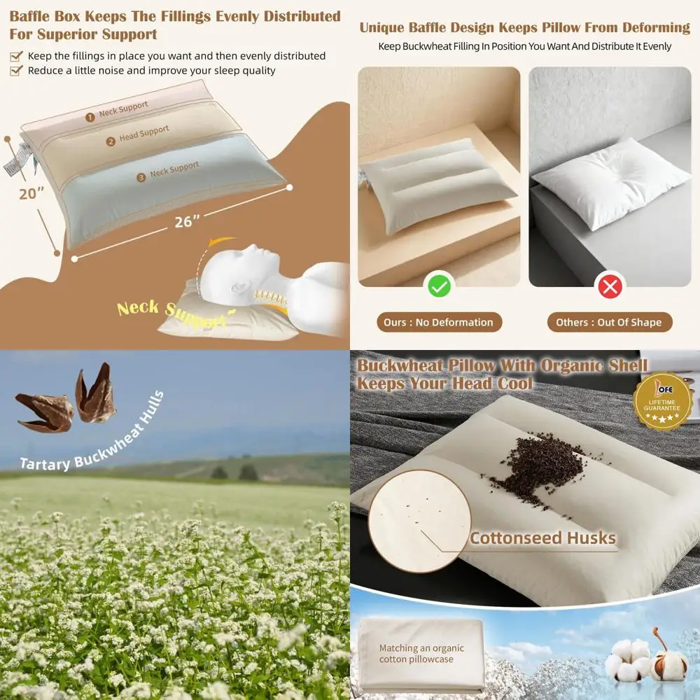 

Organic Cotton-Covered Buckwheat Pillow, 20x26, with Baffle Box & Adjustable Support for Neck Comfort