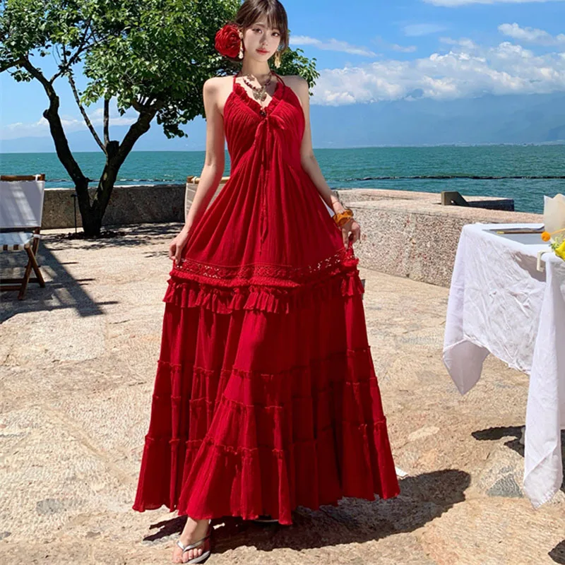 

Vintage Fashion Sexy Halter Off Shoulder Boho Long Dress 2025 New Summer Women Elegant Ruffles Red Casual Vacation Maxi Dress