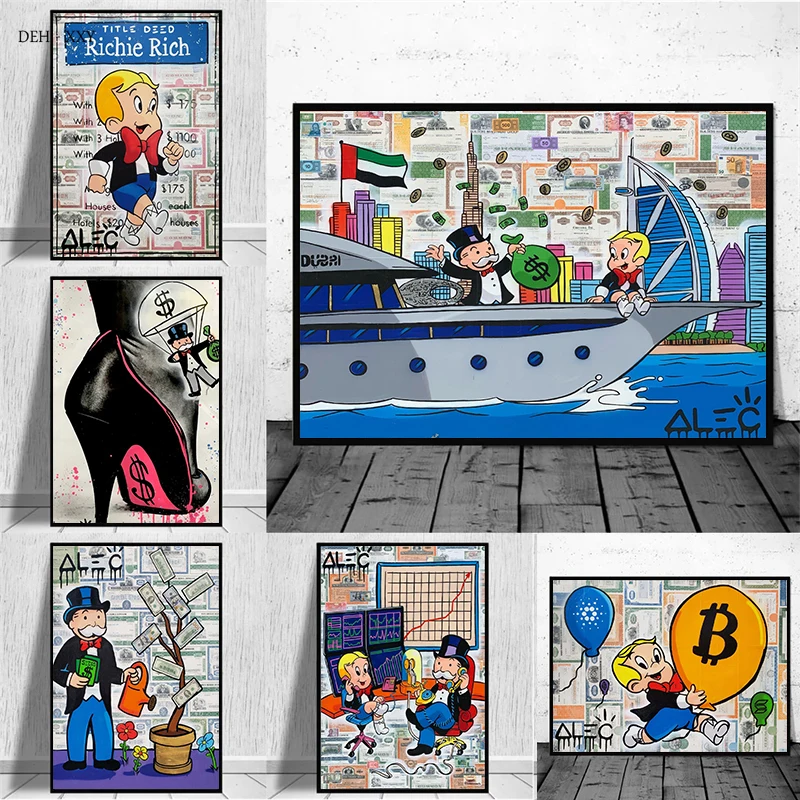 

Cartoon Street Wall Art Pictures Alec Monopoly and Richie Graffiti Canvas Painting Rich Man Dollars Posters for Home Room Decor