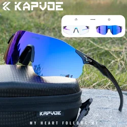 Kapvoe Photochromic Sports Sunglasses Rimless Cycling Glasses Bike Bicycle Glasses Men's MTB Road Running Goggles Red Blue UV400