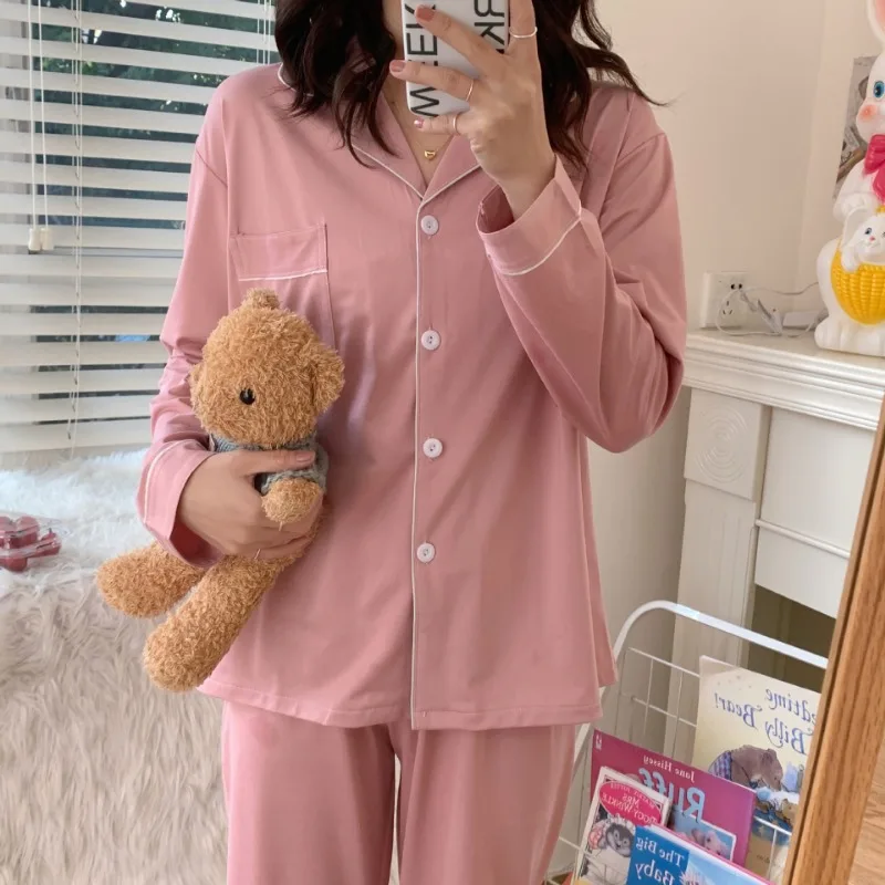 Casual Sleepwear Women Pajama Sets Korean Piiama Autumn Pants Sets for Women 2 Pieces Solid Night Wears Long Sleeve Home Suit