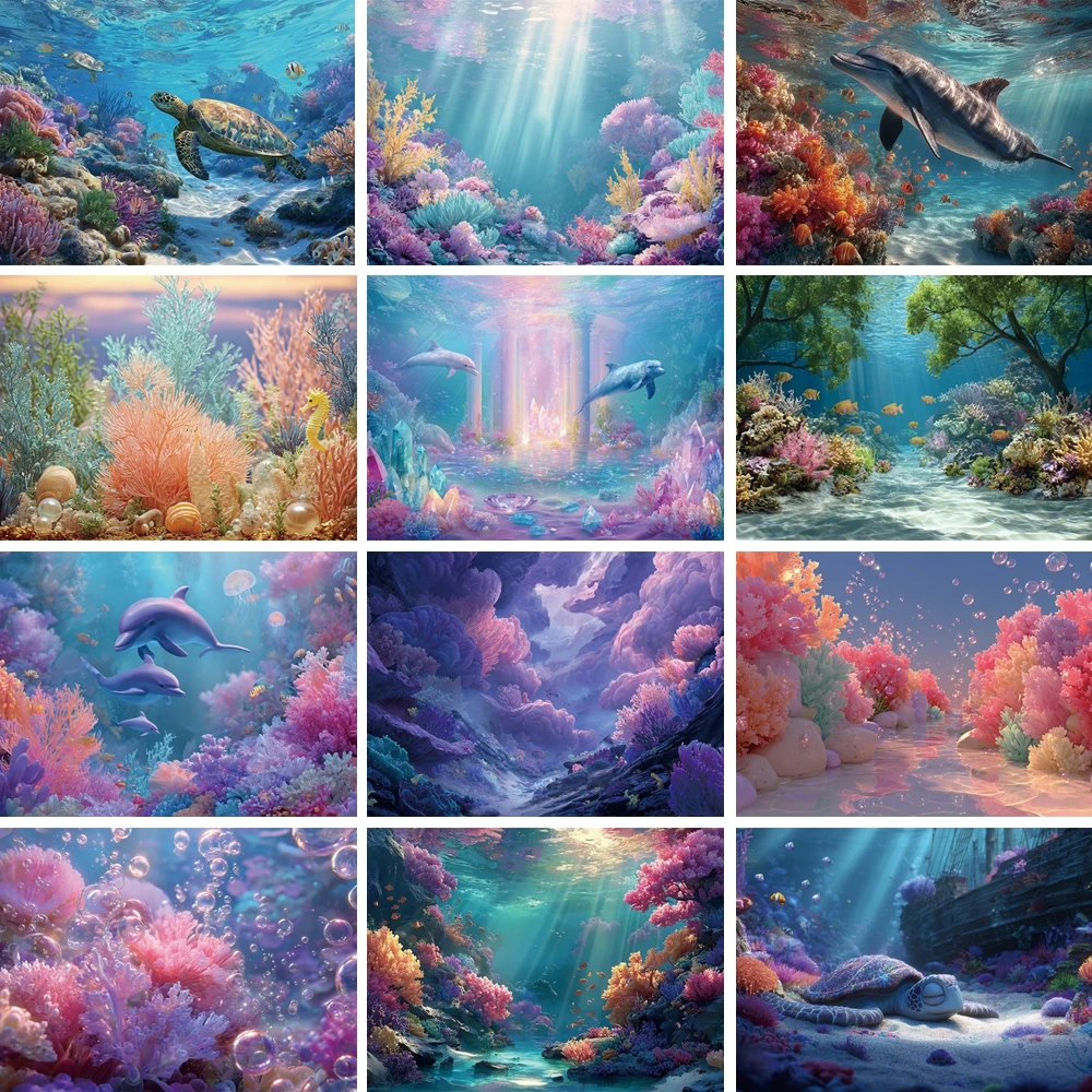 

MOON.QG Summer Underwater Aquarium Background Dolphin Pink Coral Sea Turtle Backdrops Photography Wallpaper Birthday Party Decor