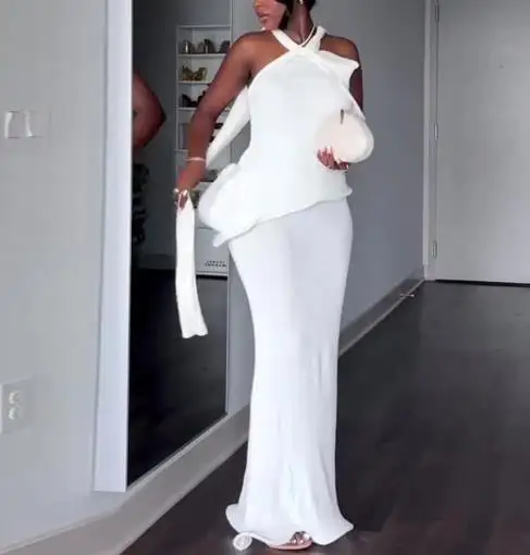 Women Dresses 2026 Spring New Hanging Neck Solid Color Sexy Backless Elegant Temperament Slim Fit Hip Hugging Long Dress