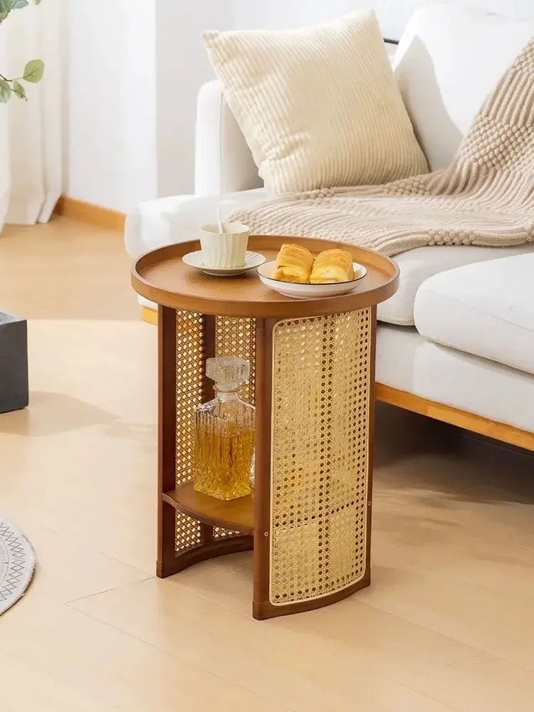 Rattan Double-layer Storage Rack Living Room Sofa Side Table Woven Round Small Table Coffee Table Balcony Rattan Corner Tables