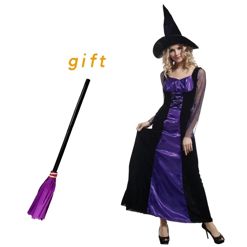 EE01 Halloween Witch Costumes with Broom for Sexy Women Fantasy Vampire Witch Dress Up Carnival Party Dress&0Ww