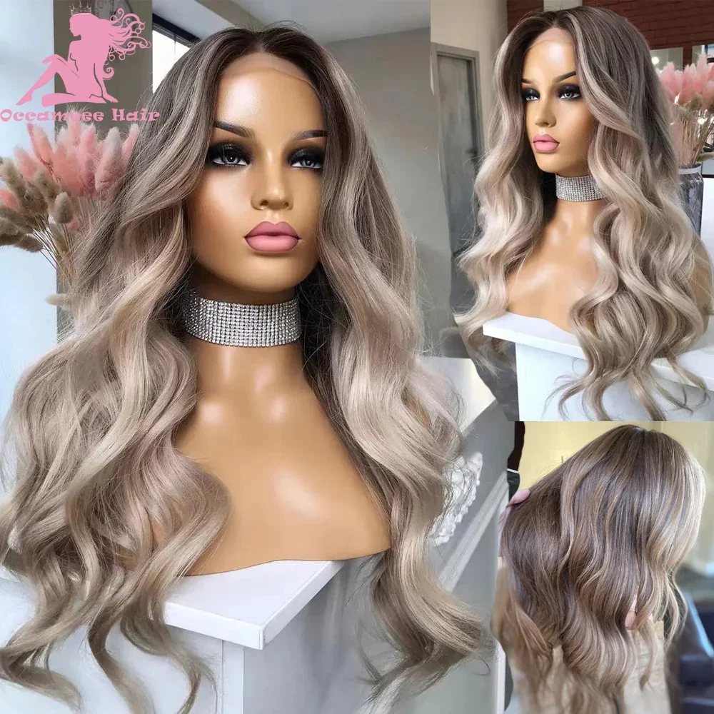 100% human hair wigs Highlight 13x4 Lace Front Wig Dark Ash Brown Blonde Natural Wave Brazilian Full Virgin Transparent lace fro