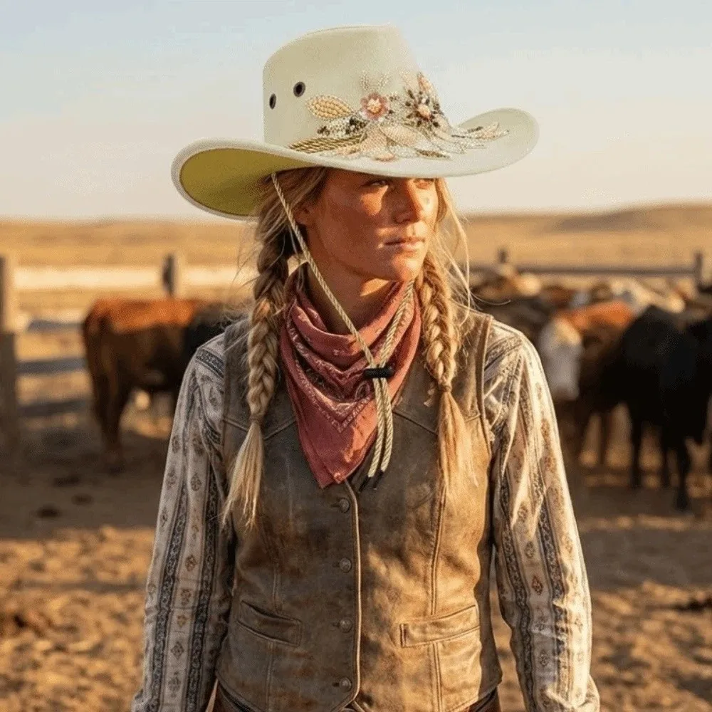 

Cool Wide Brim Western Cowboy Cap Woolen Embroidered Cowgirls Visor Cap Ethnic Style Sequins Sun Protection Knight Hat Summer