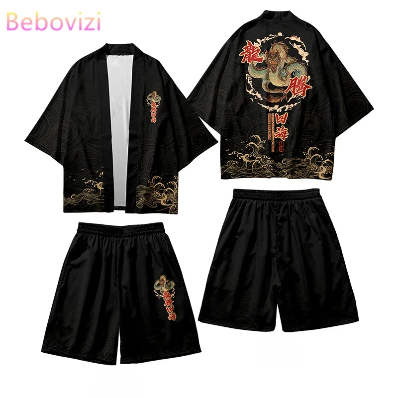 Summer Beach Two-piece Set Traditional Kimono + Shorts 2024 Men Anime Chinese Dragon Print Japanese Haori Suit Cardigan