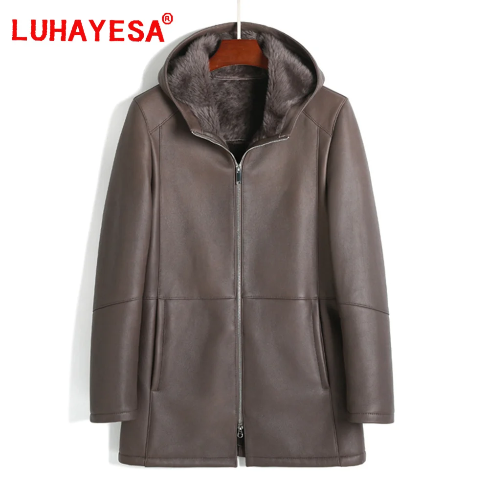 2024 Luhayesa Good Quality Hooded Medium Long Fur Coat Men Khaki Brown Winter Real Fur Jackets