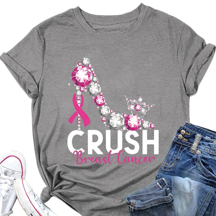 Summer crew-neck short-sleeved T-shirt crush breast cancer print loose casual women's top with all fashion new pullover