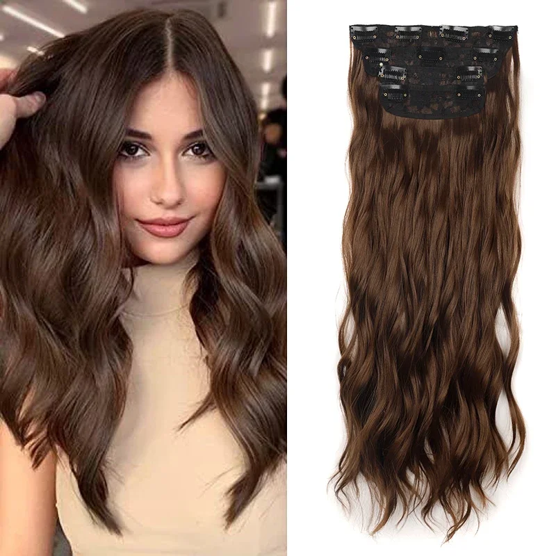 

20inch Long Wavy Clip in Hair Extensions Ombre Brown Natural Thick Hair Piece 4pcs/set Synthetic Black Heat Resistant Fake Hair