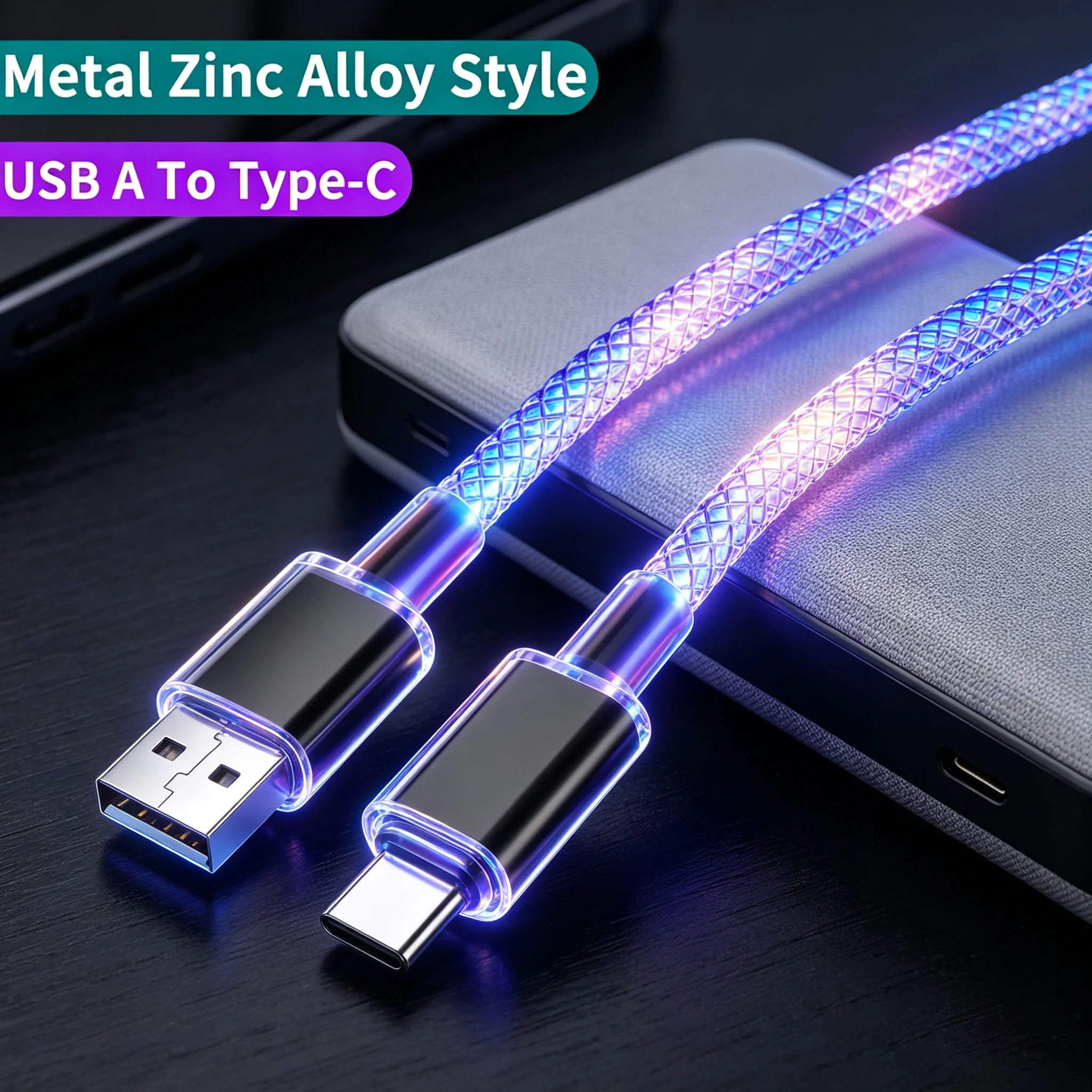 66W 6A USB to Type C Data Cable 90 Degree Elbow Fast Charging Wire RGB Breathing Light for Samsung Huawei iPhone Quick Data Cord
