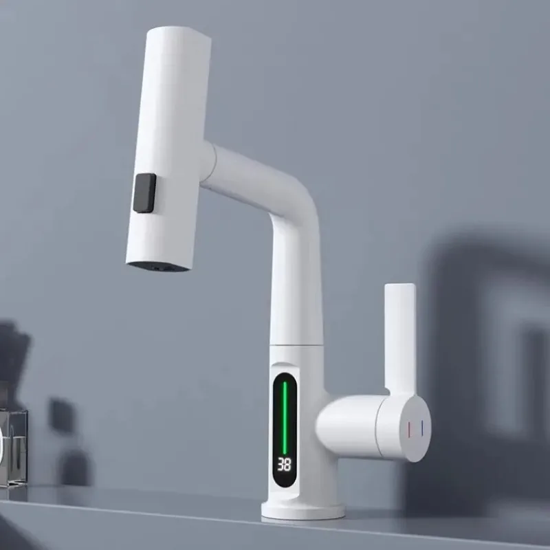 Matte White Digital Display Kitchen Faucet White or Black /gunmetal Single Handle Pull Out Kitchen Sink Mixer Basin Water Taps