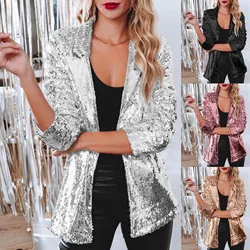 Blazer con paillettes Shinny da donna Casual manica lunga Shimmer Glitter Party giacca con risvolto lucido cappotto autunno Rave capispalla Blazer Mujer