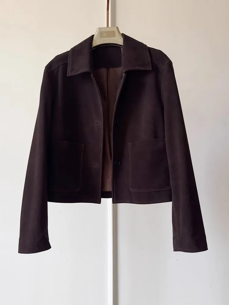 Capispalla in pelle di pecora scamosciata di alta qualità da donna con risvolto monopetto giacca in vera pelle da ufficio cappotto corto autunnale casual da donna