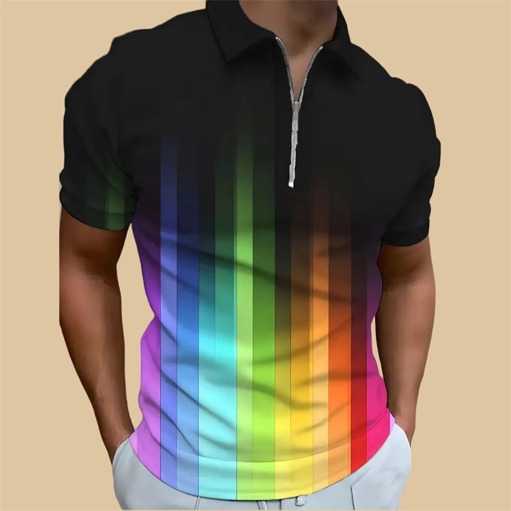 Rainbow Polo Shirt For Men Colorful Print Golf Top Tee Fashion Casual High Quality Men Clothing Loose Oversized Zip Polo T-Shirt