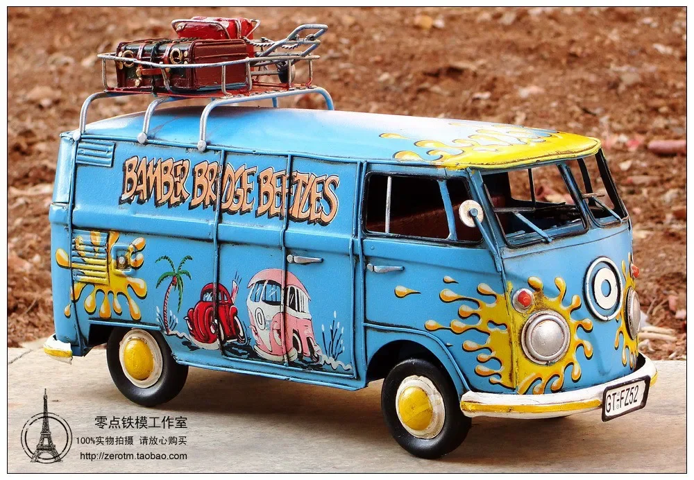 

1970s American Hippie Bus Handmade Antique Metal Car Models Retro Vintage Automobile Model Cafe Bar Decoration Iron Art